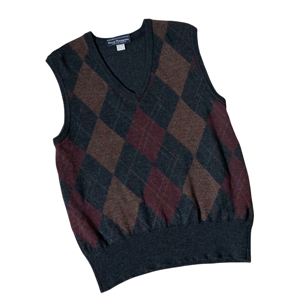 Norm Thompson Argyle Wool Sweater Vest Mens L Grey V-Neck Knit Retro Academia